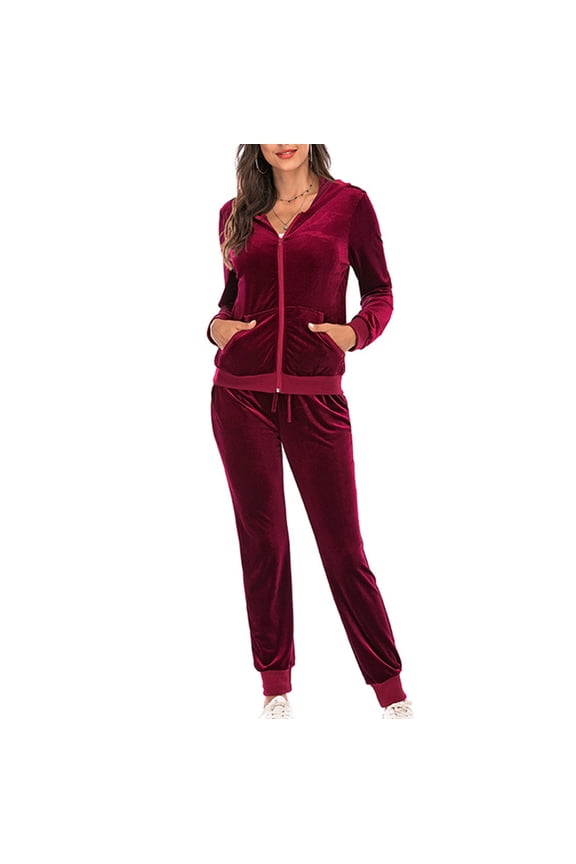 Women's Long Sleeve Velour Tracksuit - Solid Color, Soft Fabric, Fall & Casual Daily Wear,Wine