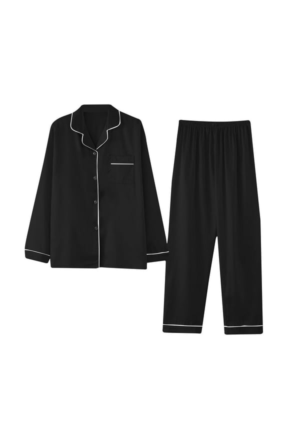 Women's Long Sleeve Front Button Pajama Set - Solid Color, Soft Fabric, Casual Daily & Sleep Wear,Black