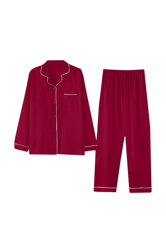 Women's Long Sleeve Front Button Pajama Set - Solid Color, Soft Fabric, Casual Daily & Sleep Wear,Wine