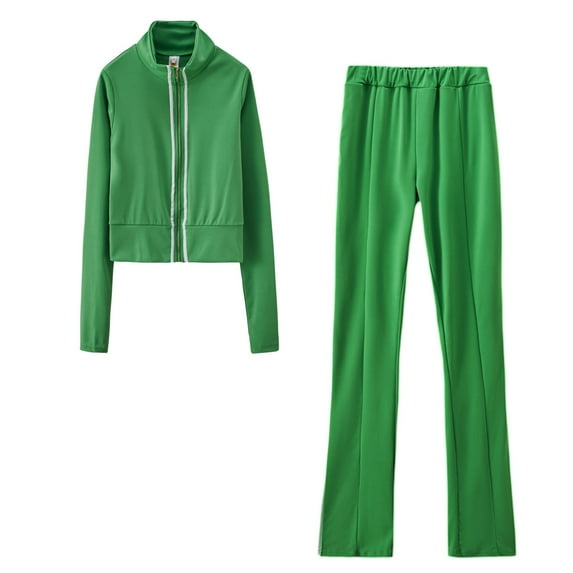 DailyTrove Women's Long Sleeve Zip-Up Jacket & Pant Set - Solid Color, Casual Style, Fall & Outdoor Leisure Wear,Green