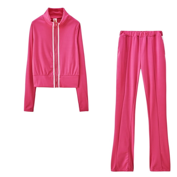DailyTrove Women's Long Sleeve Zip-Up Jacket & Pant Set - Solid Color, Casual Style, Fall & Outdoor Leisure Wear,Pink
