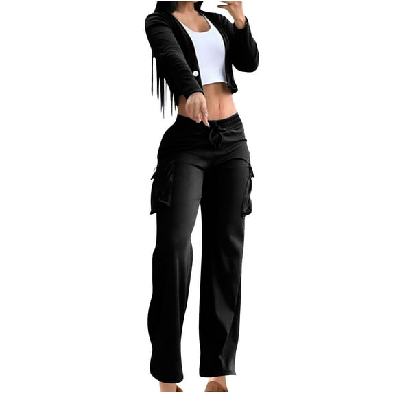 DailyTrove Women's Long Sleeve Zip-Up Tracksuit - Solid Color, Slim Fit, Spring & Outdoor Activity Wear,Black