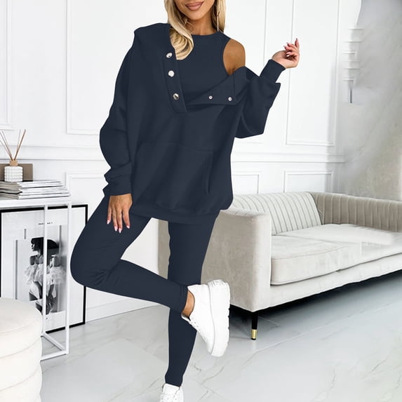 DailyTrove Women's Long Sleeve Zip-Up Tracksuit - Solid Color, Slim Fit, Spring & Outdoor Activity Wear,Blue