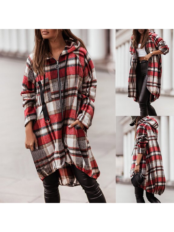 Women's Longline Plaid Shirt Jacket, Edgy Outerwear for Winter Layering & Street Style for women