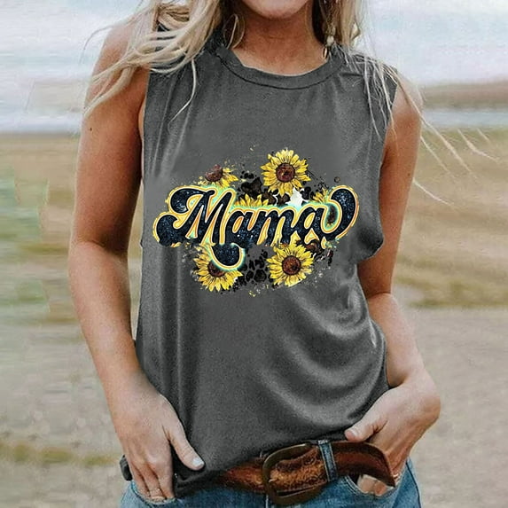 DailyTrove Women's "Mama" Sunflower Graphic Tank Top - Polyester Casual Summer & Daily Wear, Cute for Outings