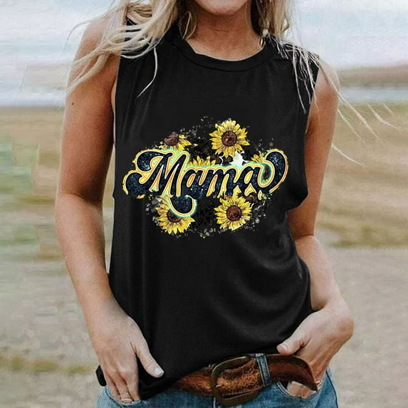 DailyTrove Women's "Mama" Sunflower Graphic Tank Top - Polyester Casual Summer & Daily Wear, Cute for Outings