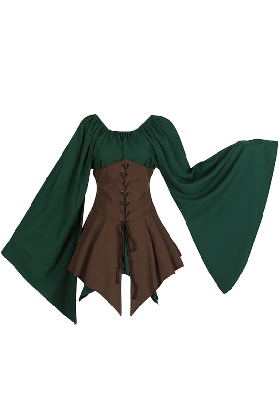 Women's Medieval Green & Black Paneled Maxi Dress - Polyester Vintage Festival Gown, for Theme Events for women
