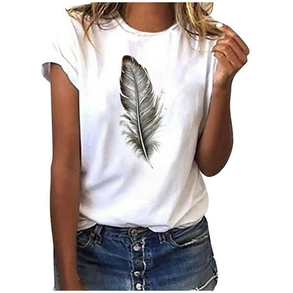 DailyTrove Women's Minimalist Feather Graphic T-Shirt - Short Sleeve Casual Tee, Elegant for Daily & Layering