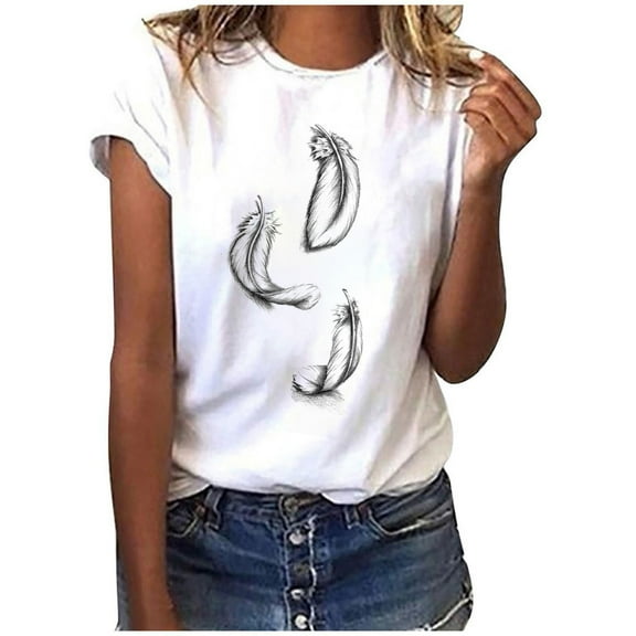 DailyTrove Women's Minimalist Feather Graphic T-Shirt - Short Sleeve Casual Tee, Elegant for Daily & Layering