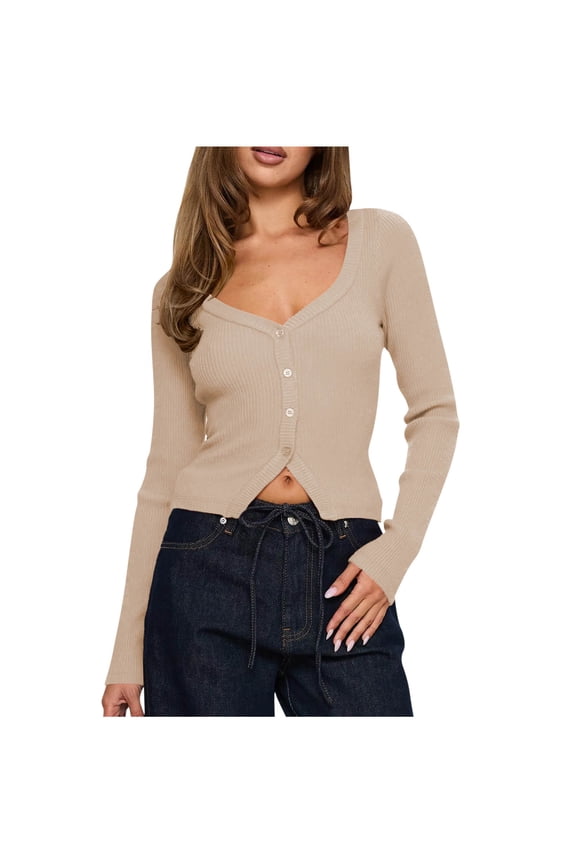 Women's Multi-Color Cross-Front V-Neck Fitted Long Sleeve Top - Warm Winter Casual Daily WearBeigeS