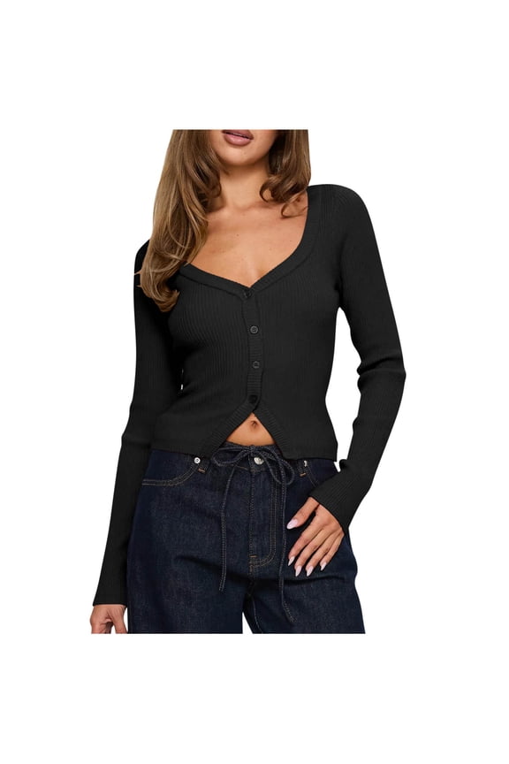 Women's Multi-Color Cross-Front V-Neck Fitted Long Sleeve Top - Warm Winter Casual Daily WearBlackM