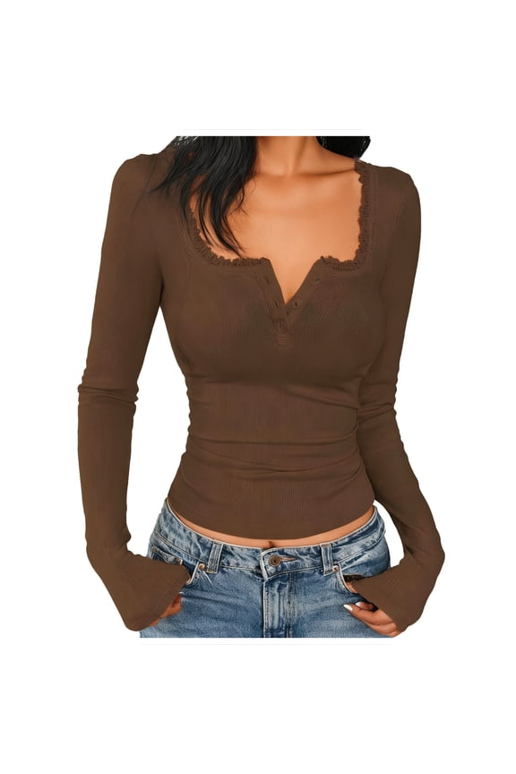 Women's Multi-Color Cross-Front V-Neck Fitted Long Sleeve Top - Warm Winter Casual Daily WearCoffeeXS