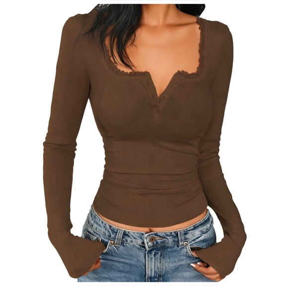 DailyTrove Women's Multi-Color Cross-Front V-Neck Fitted Long Sleeve Top - Warm Winter Casual Daily WearCoffeeXXXL