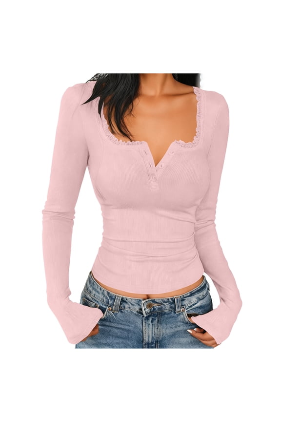 Women's Multi-Color Cross-Front V-Neck Fitted Long Sleeve Top - Warm Winter Casual Daily WearPinkL