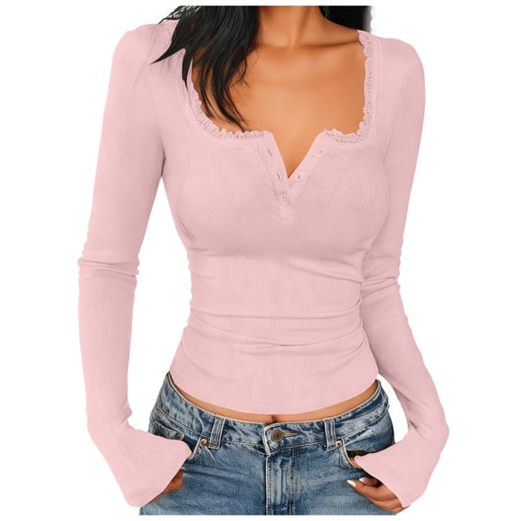 DailyTrove Women's Multi-Color Cross-Front V-Neck Fitted Long Sleeve Top - Warm Winter Casual Daily WearPinkL
