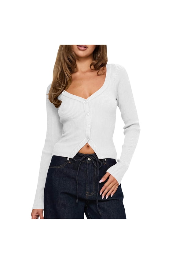 Women's Multi-Color Cross-Front V-Neck Fitted Long Sleeve Top - Warm Winter Casual Daily WearWhiteM