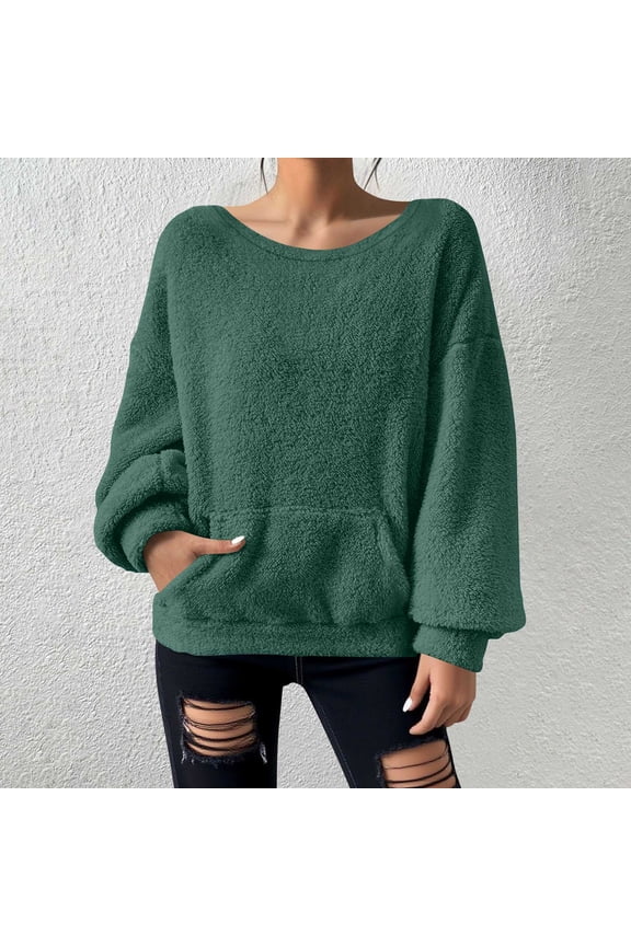 Women's Multi-Color Fuzzy Oversized Long Sleeve Top with Pocket - Cozy Winter Warm Casual WearGreenXXL