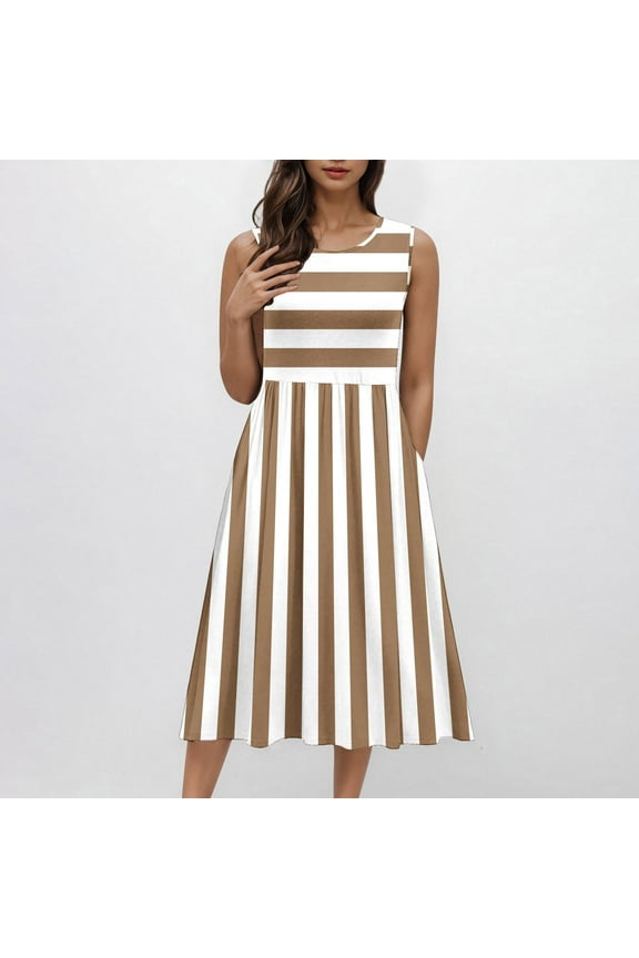 Women's Multi Color Geometric Striped Sleeveless Midi Dress, Modern Outerwear for Summer Street Style Casual Errands