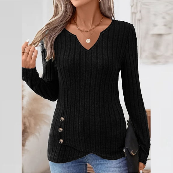 DailyTrove Women's Multi-Color Ribbed V-Neck Button Detail Long Sleeve Top - Warm Winter Casual WearBlackXL