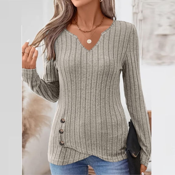 DailyTrove Women's Multi-Color Ribbed V-Neck Button Detail Long Sleeve Top - Warm Winter Casual WearKhakiM