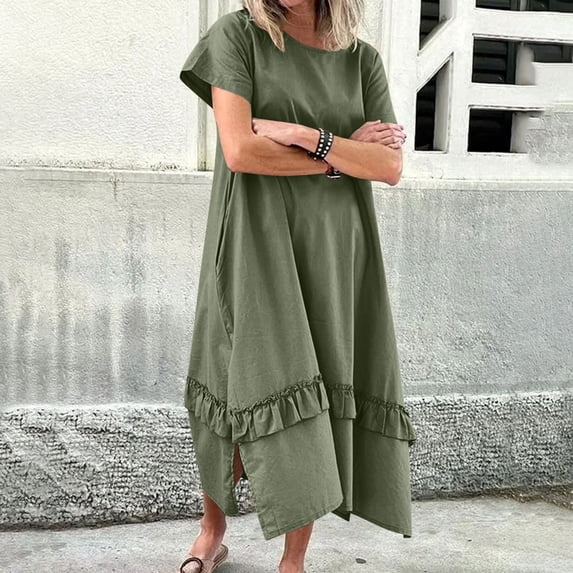 DailyTrove Women's Multi Color Ruffled Short Sleeve Maxi Dress, Romantic Outerwear for Summer Beach Vacations Seaside Relaxation