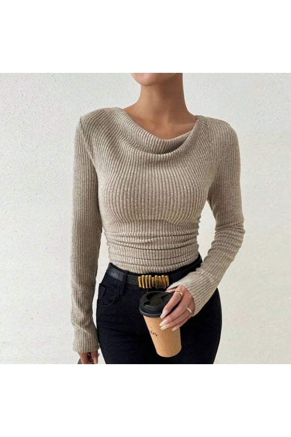 Women's Multi-Color Slouchy Turtleneck Fitted Long Sleeve Top - Cozy Winter Casual Daily WearKhakiL