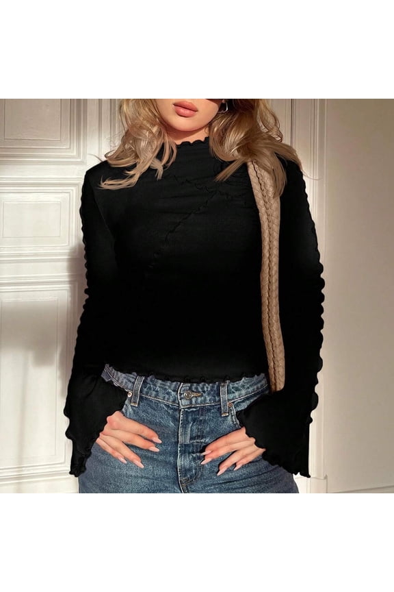 Women's Multi-Color Turtleneck Fitted Long Sleeve Top - Slim Layering & Everyday WearBlackL