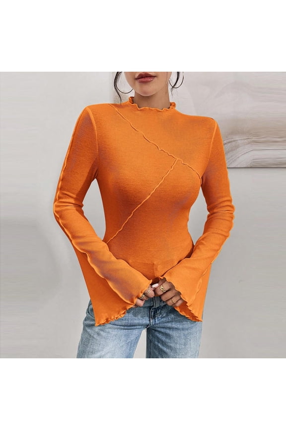 Women's Multi-Color Turtleneck Fitted Long Sleeve Top - Slim Layering & Everyday WearOrangeXL