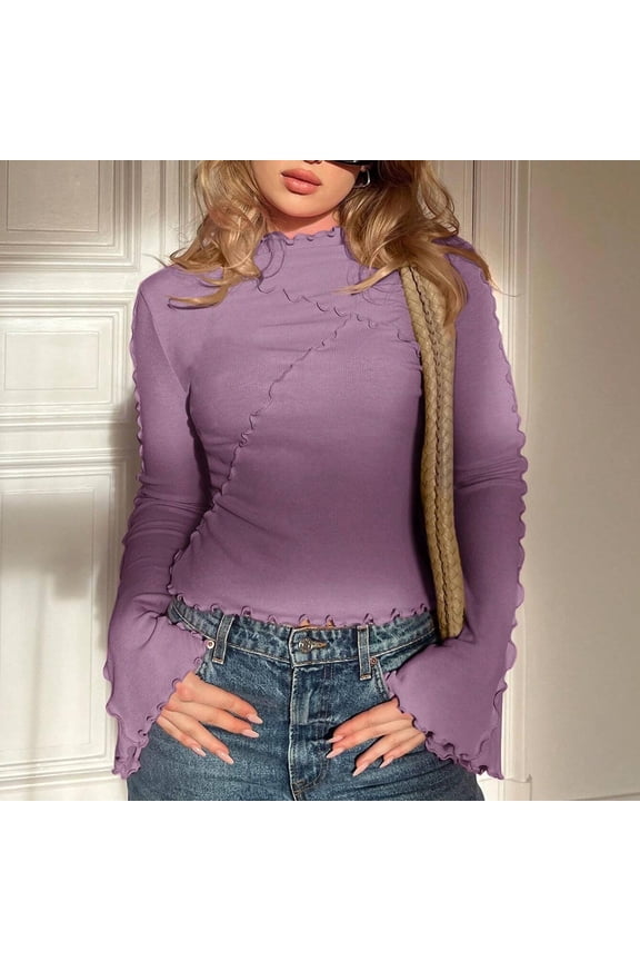Women's Multi-Color Turtleneck Fitted Long Sleeve Top - Slim Layering & Everyday WearPurpleM