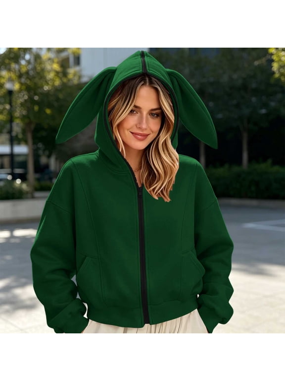 Women's Novelty Bunny Ear Hood Long Sleeve Cropped Oversized Casual Fashion Outerwear Hoodie Jacket