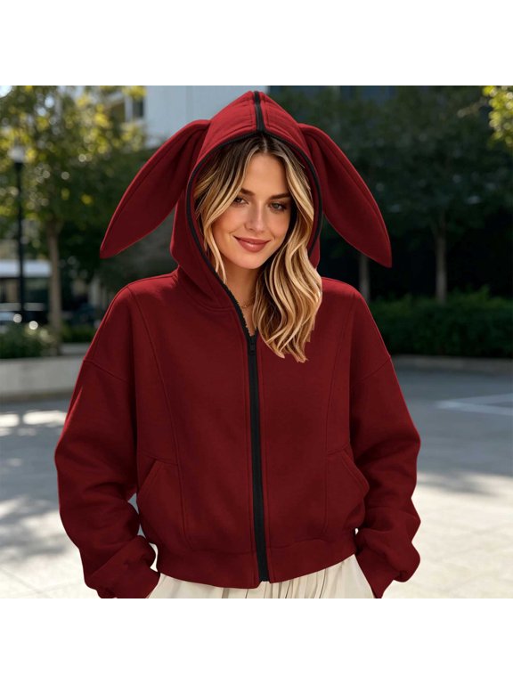 Women's Novelty Bunny Ear Hood Long Sleeve Cropped Oversized Casual Fashion Outerwear Hoodie Jacket