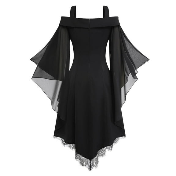 DailyTrove Women's Off-Shoulder Flare Sleeve Dress - Lace Trim Formal Party Gown, Polyester, Elegant for Wedding Guest & Cocktail Events for women