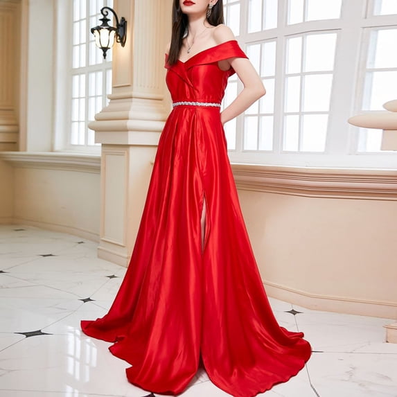 DailyTrove Women's Off-Shoulder Satin Gown-Short Sleeve-Floor-Length-Satin-for Prom/Wedding-Glamorous Off-Shoulder