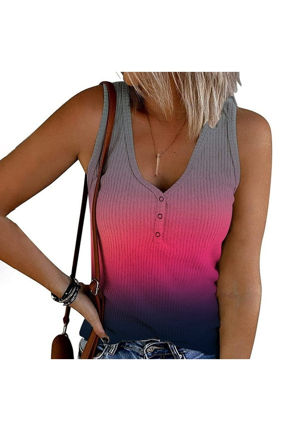 Women's Ombre Dip-Dye Sleeveless Tank - V-Neck Casual Top, Vibrant for Beach & Summer