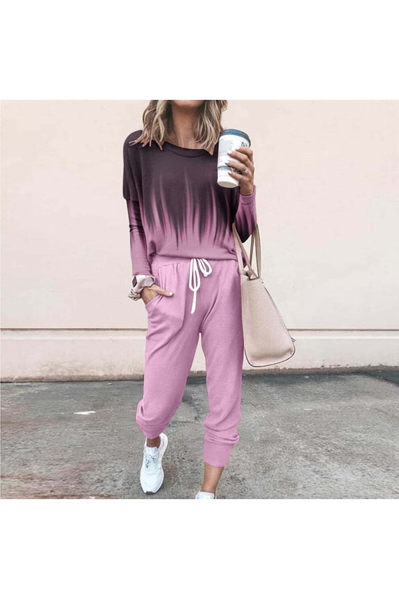 Women's Ombre Long Sleeve Sweatpants Set - Gradient Design, Casual Style, Fall & Outdoor Leisure Wear,Pink