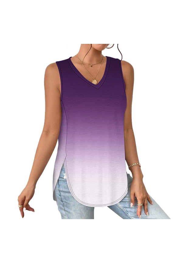 Women's Ombre Purple Sleeveless Tank - V-Neck Casual Top, Gradient Style for Summer & Beach