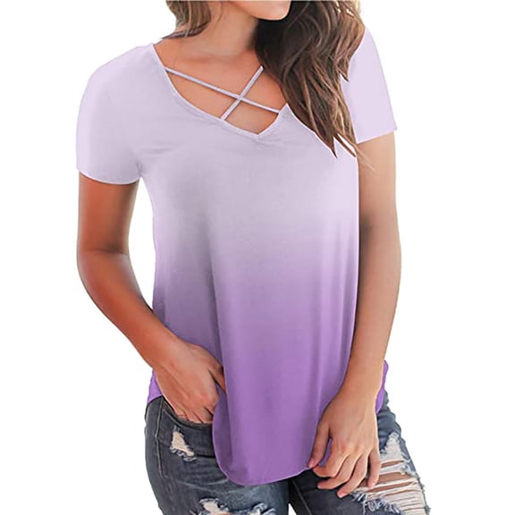 DailyTrove Women's Ombre V-Neck Short Sleeve T-Shirt - Gradient Casual Top, Soft for Daily Wear & Layering
