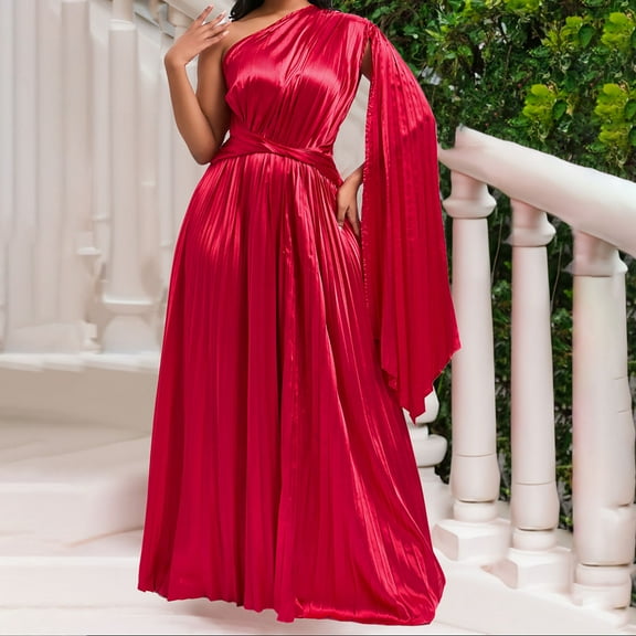 DailyTrove Women's One-Shoulder Satin Gown-Floor-Length-Polyester-for Gala/Wedding-Luxe Satin