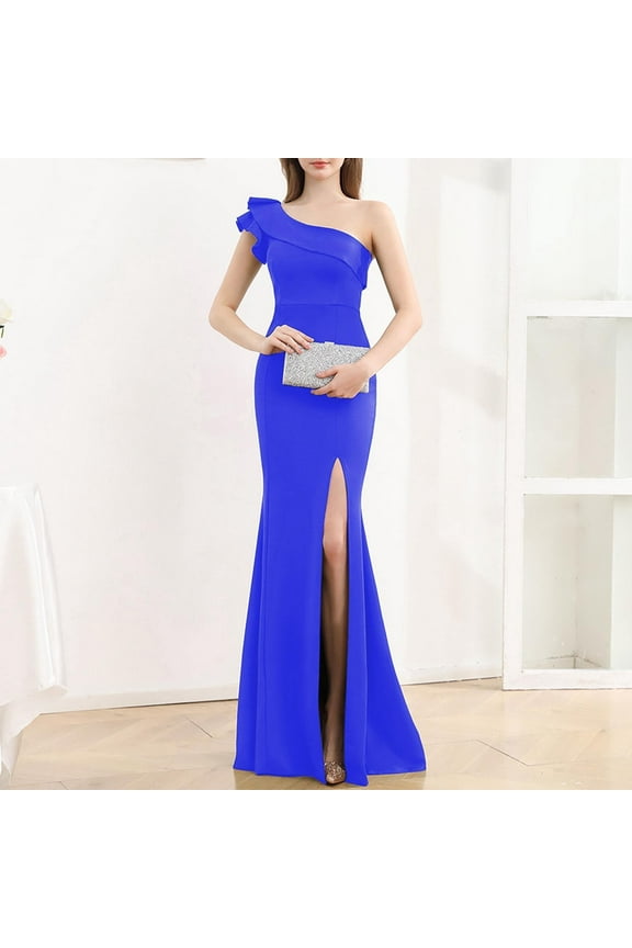 Women's One-Shoulder Split Maxi Dress-Sleeveless-Long Length-Solid Color-Lightweight Fabric-for Summer Beach/Date Night-Figure-Flattering Cut