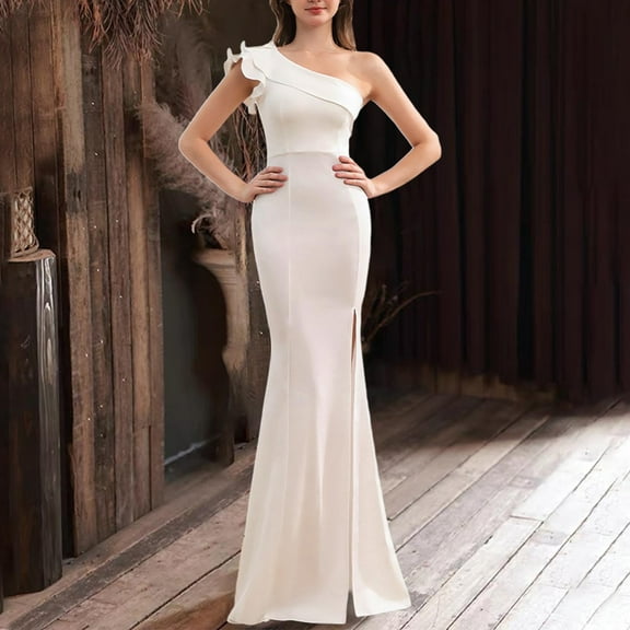 DailyTrove Women's One-Shoulder Split Maxi Dress-Sleeveless-Long Length-Solid Color-Lightweight Fabric-for Summer Beach/Date Night-Figure-Flattering Cut