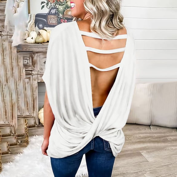 DailyTrove Women's Open-Back Tie-Detail Blouse - Short Sleeve Casual Top, for Dates & Nights