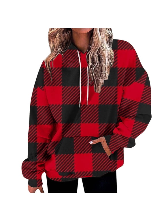 Women's Oversized Buffalo Plaid Hoodie, Cozy Outerwear for Winter Lounging & Outdoor Errands for women