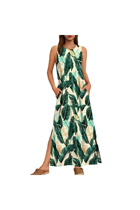 Women's Palm Leaf Print Sleeveless Swim Cover Up Maxi Dress - Sun Protection Beachwear & Vacation Wear