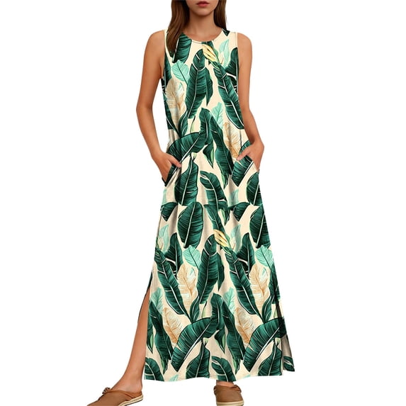 DailyTrove Women's Palm Leaf Print Sleeveless Swim Cover Up Maxi Dress - Sun Protection Beachwear & Vacation Wear
