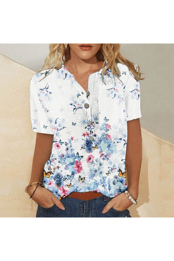 Women's Palm Tree Print Short Sleeve Top - Casual Loose Blouse, Tropical for Beach Vacations & Outings