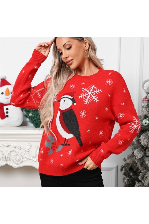 Women's Penguin Print Sweater, Long Sleeve, Winter Casual & Festival Wear, Warm Cotton Blend, Plus Size Friendly