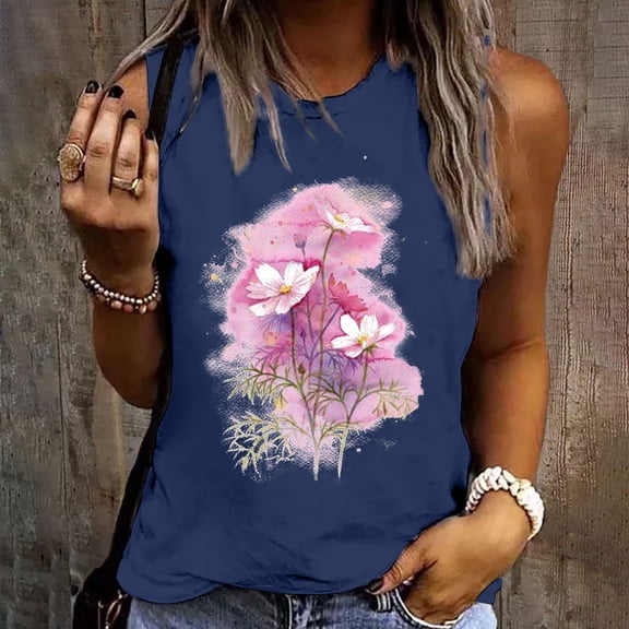 DailyTrove Women's Pink Floral Graphic Tank Top - Polyester Casual Summer & Festival Wear, Romantic for Gatherings