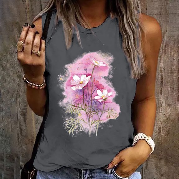 DailyTrove Women's Pink Floral Graphic Tank Top - Polyester Casual Summer & Festival Wear, Romantic for Gatherings