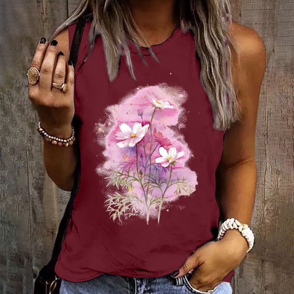 DailyTrove Women's Pink Floral Graphic Tank Top - Polyester Casual Summer & Festival Wear, Romantic for Gatherings