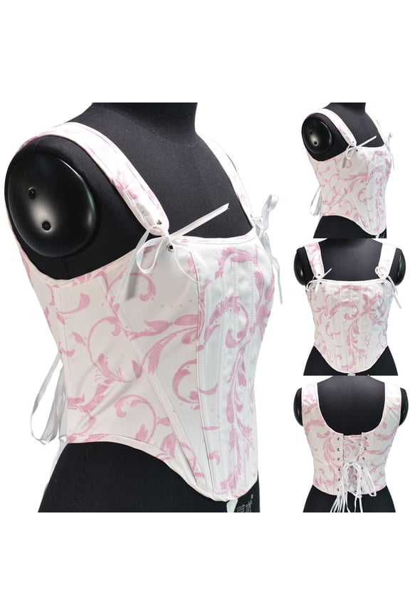 Women's Pink Floral Print Overbust Corset - Polyester-Blend Vintage Shapewear, Adjustable for Daily & Theme Looks for women